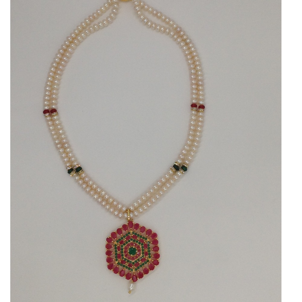 Red, green cz pendent set with 2 line flat pearls mala jps0274
