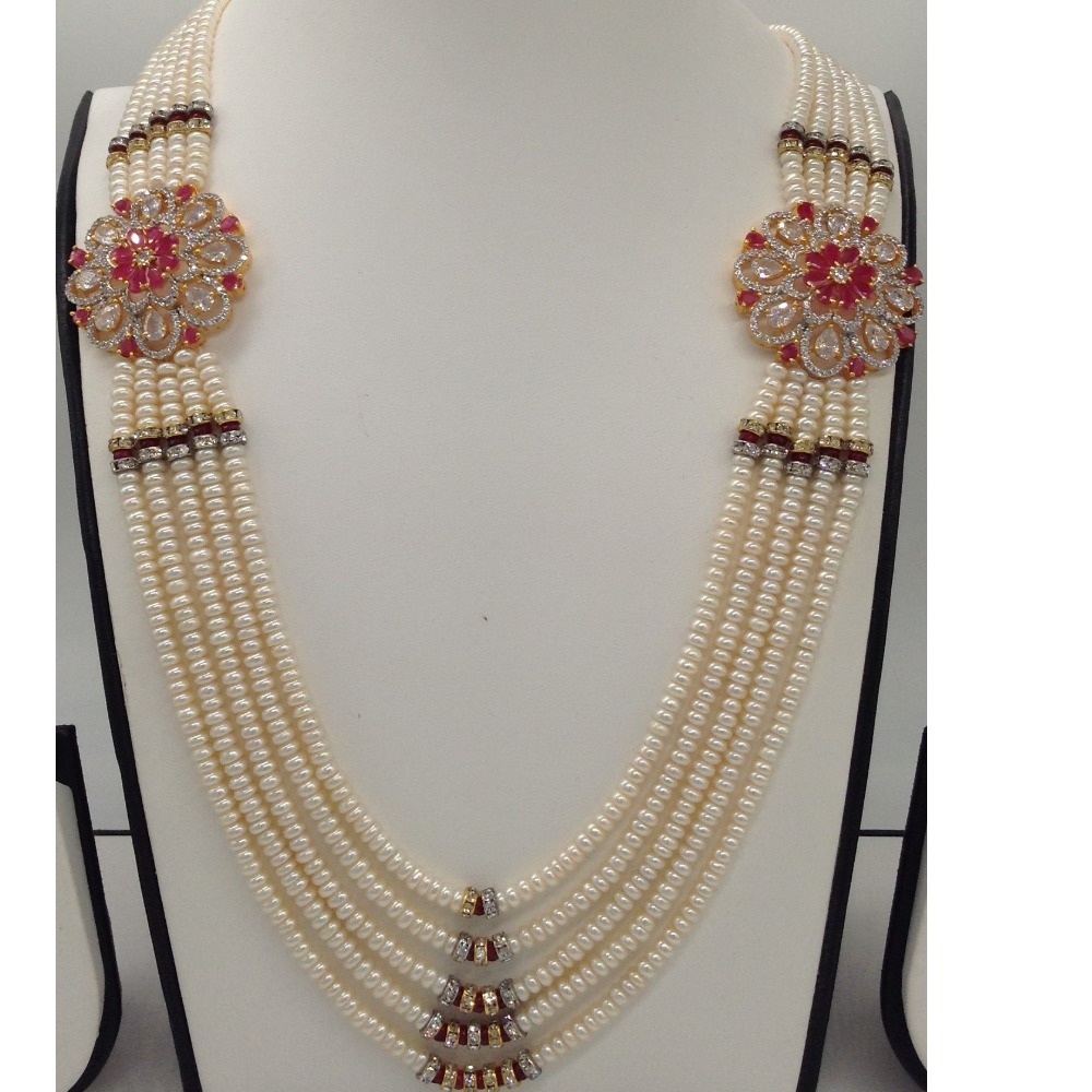 White And Red CZ Brooch Set With 5 Lines Flat Pearls Mala JPS0483