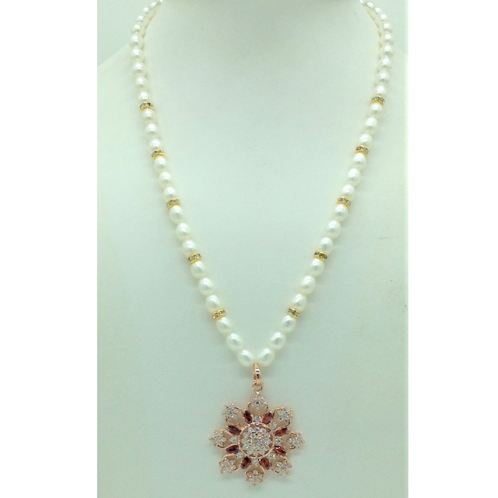 White;brown cz pendent set with 1 line oval pearls mala jps0675