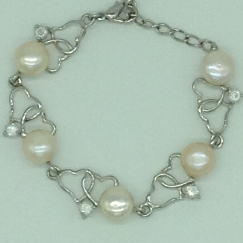 Cream Button Pearls With CZ Stones White Alloy Heart Bracelet JBG0210