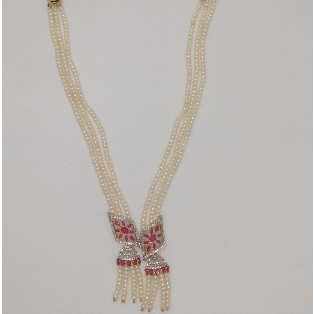 White;red cz pendent set with 3 line flat pearls jps0352