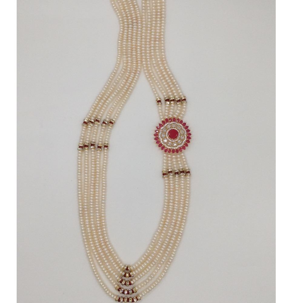 White And Red CZ Brooch Set With 5 Lines Flat Pearls Mala JPS0475