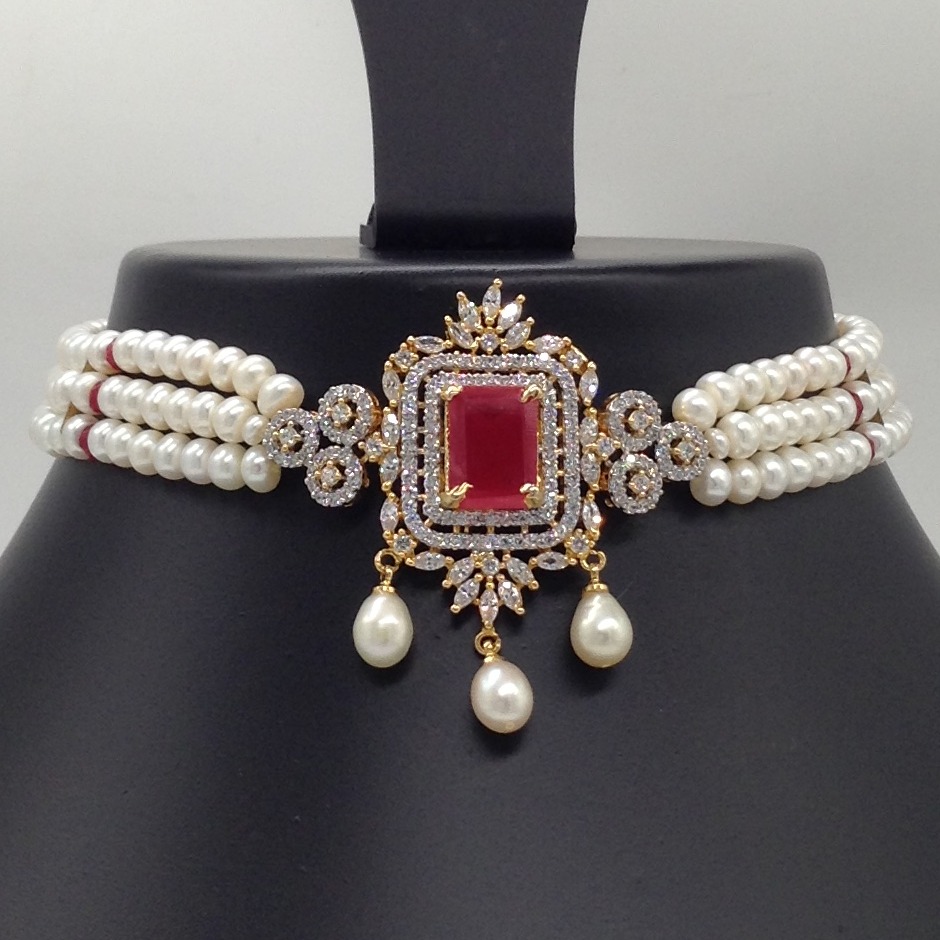 White And Red CZ Choker Set With 3 Line Flat Pearls Mala JPS0528