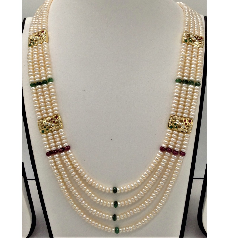 Red, Green CZ And Pearls Amritsar Patti Haar Set With 4 Lines Flat Pearls Mala JPS0468