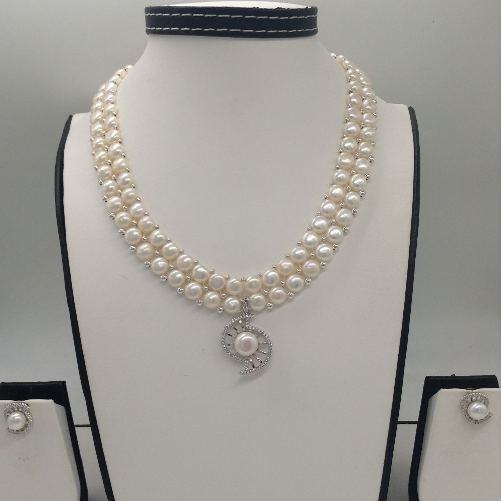 White cz pendent set with 2 line button pearls mala jps0239