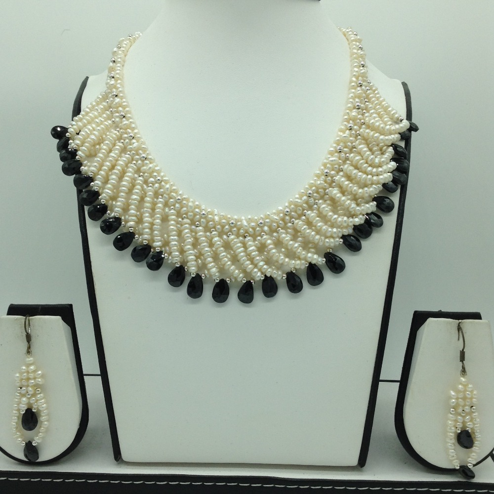 Freshwater White Pearls And Black Drops Jali Necklace Set JPP1083
