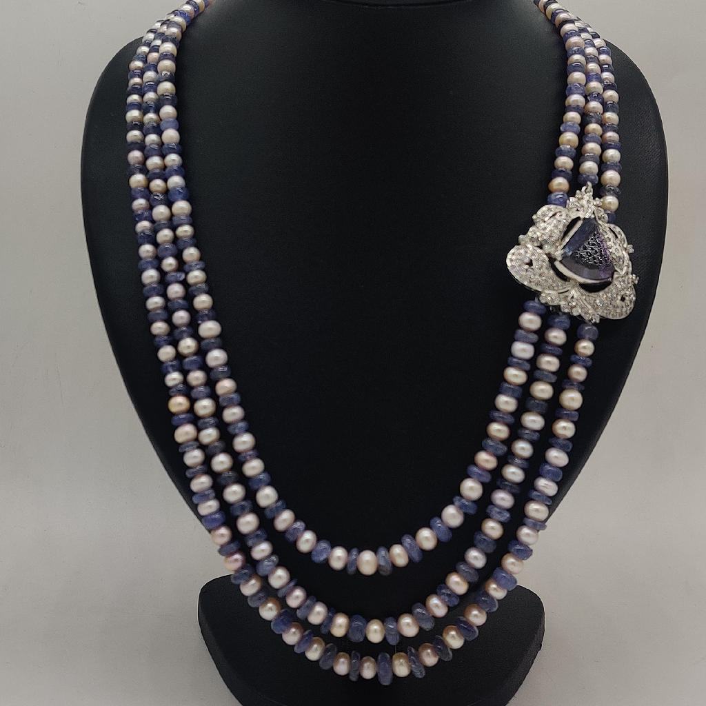 White Blue Cz Broach Set With 3 Layers Pearls JPS1009