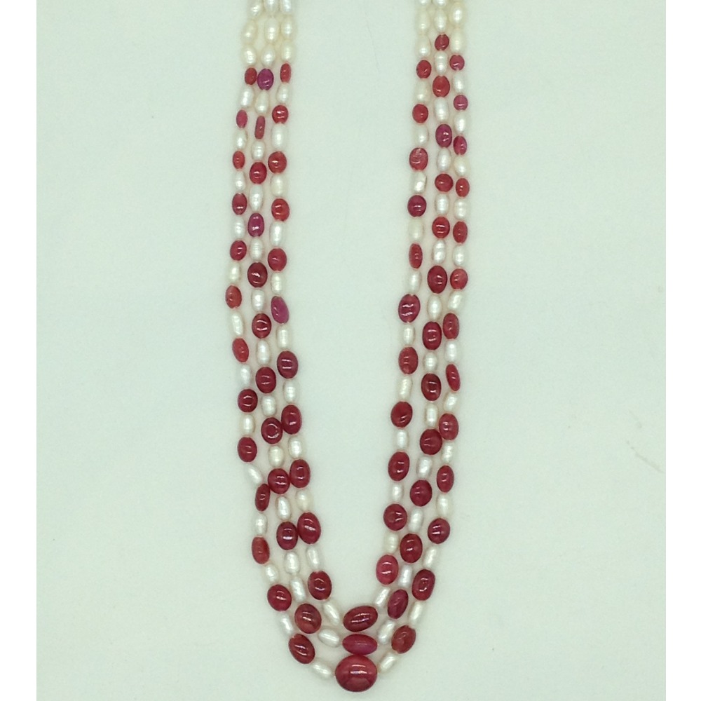 white oval pearls with red ruby 3 layers necklace jpm0419