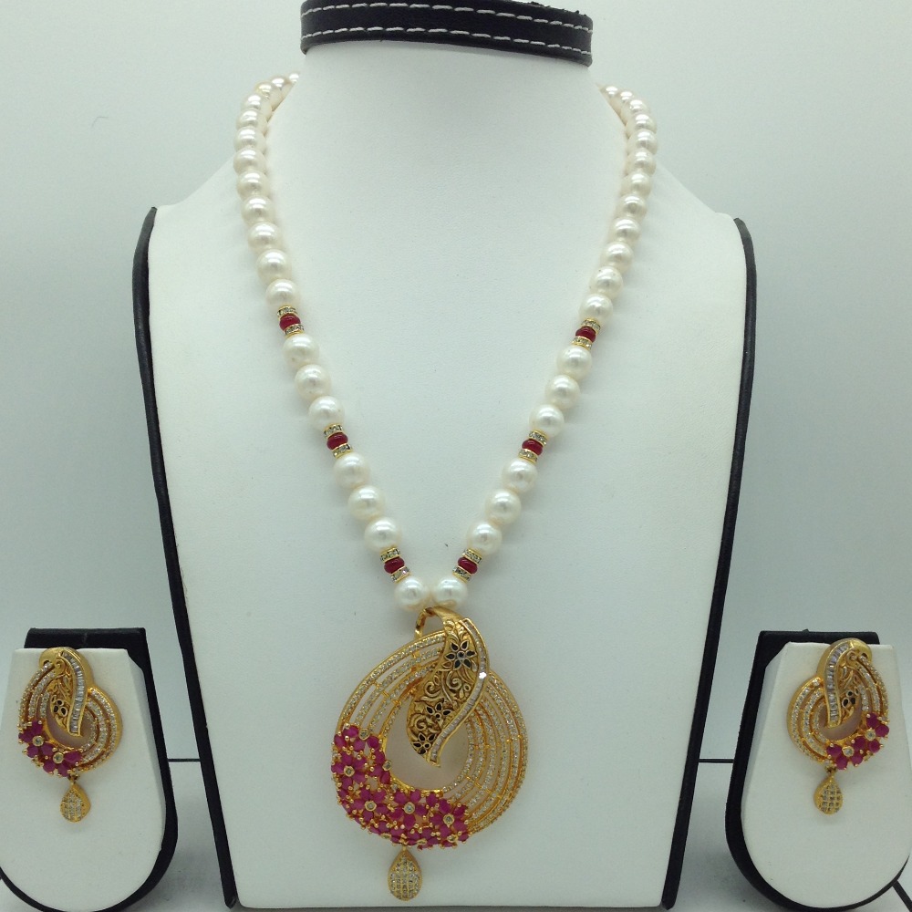 White, red cz pendent set with round pearls mala jps0557