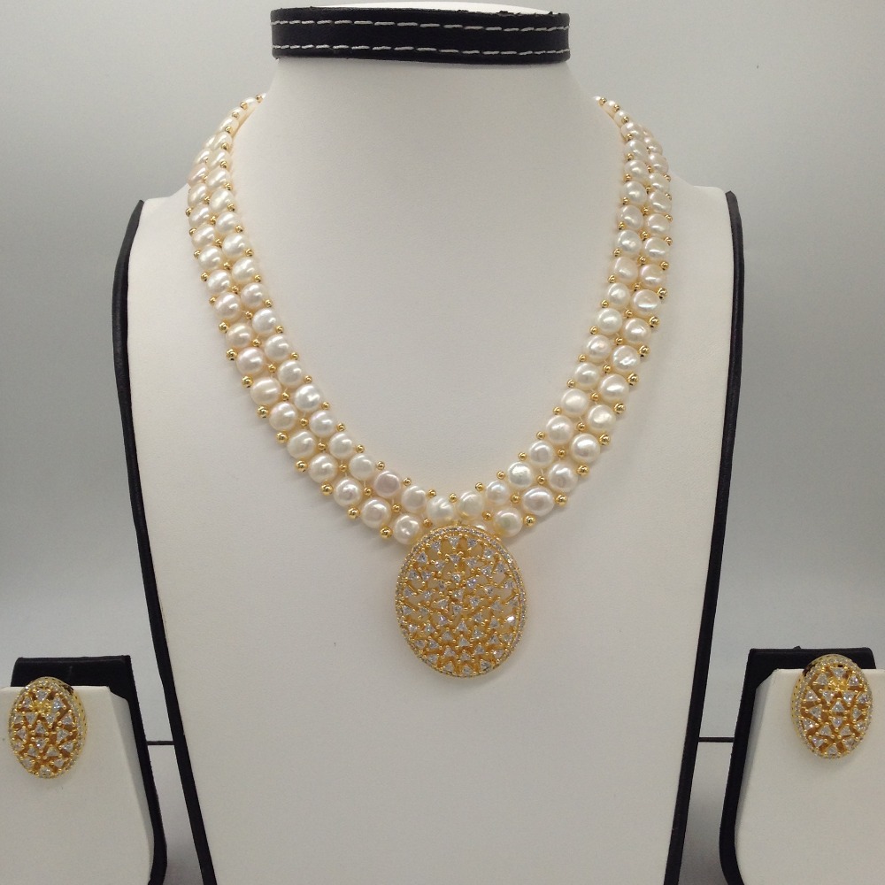 Buy quality White cz pendent set with 2 line button jali pearls jps0392 ...