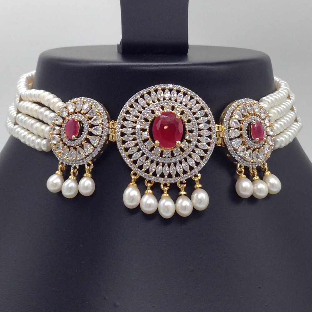 White, Red CZ And Pearls Choker Set With 4 Line Flat Pearls Mala JPS0536