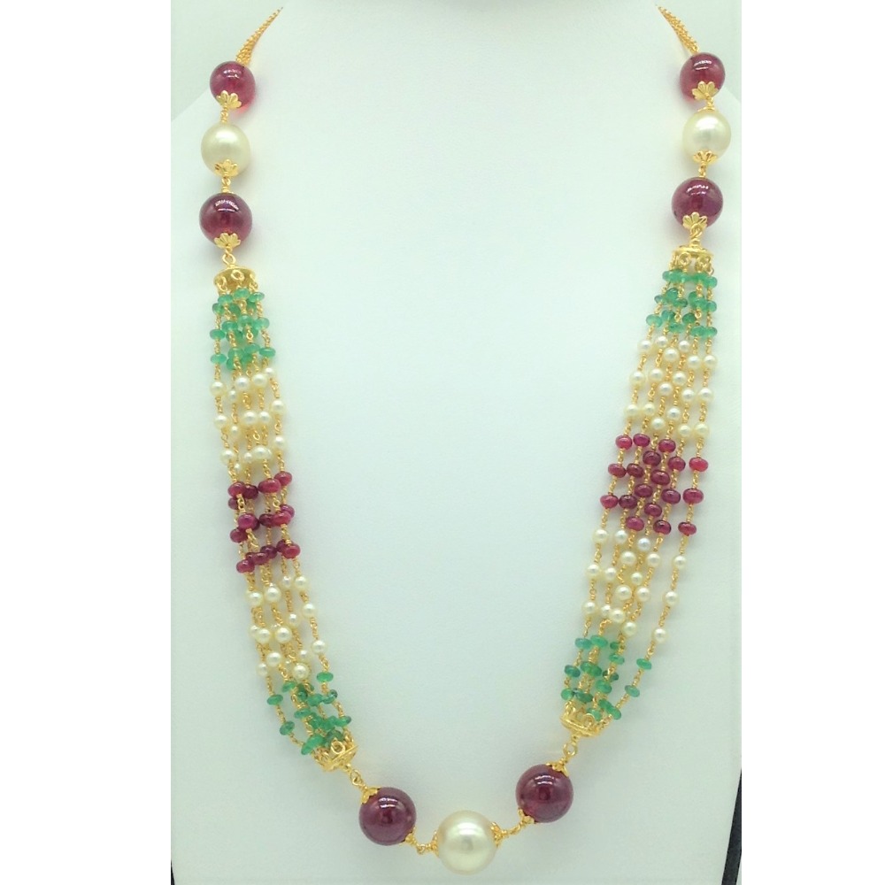 Freshwater Round Pearls with Ruby,Emeralds Gold Taar Necklace JGT0029