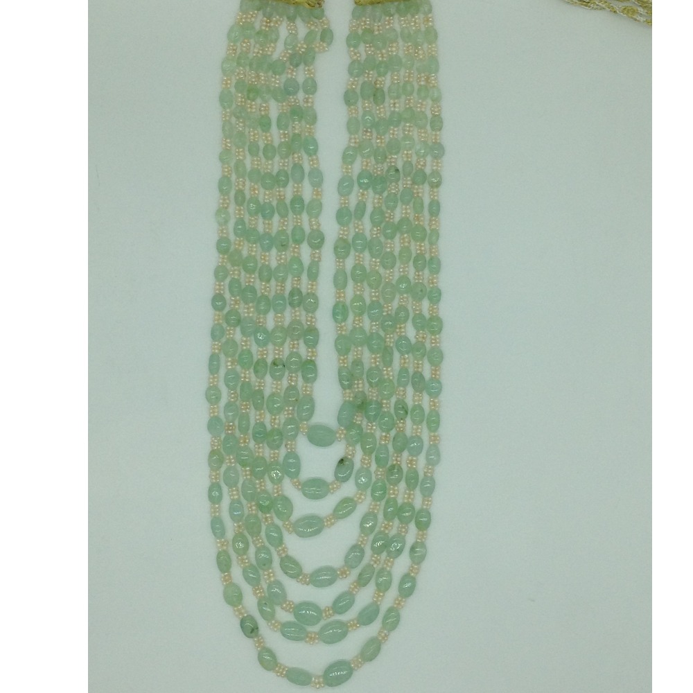 White Seed Pearls with Pale Green Bariels Beeds 7 Layers Mala JPM0501
