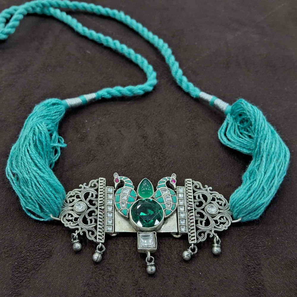 925 Sterling silver green stone & kundan chokar for ladies STS0020