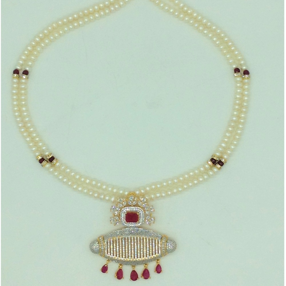 White,red cz pendent set with 2 line flat pearls jps0700