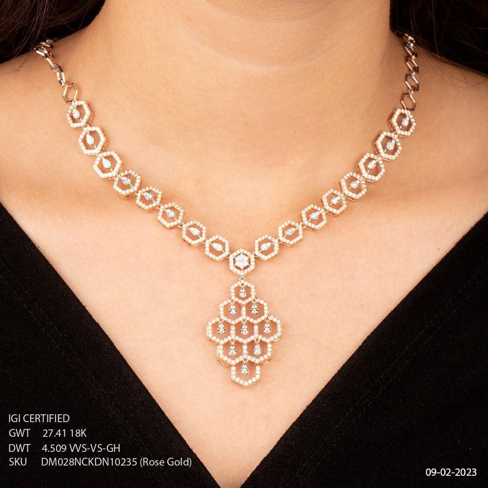 18K Rose Gold Hexagon Design Diamond Necklace
