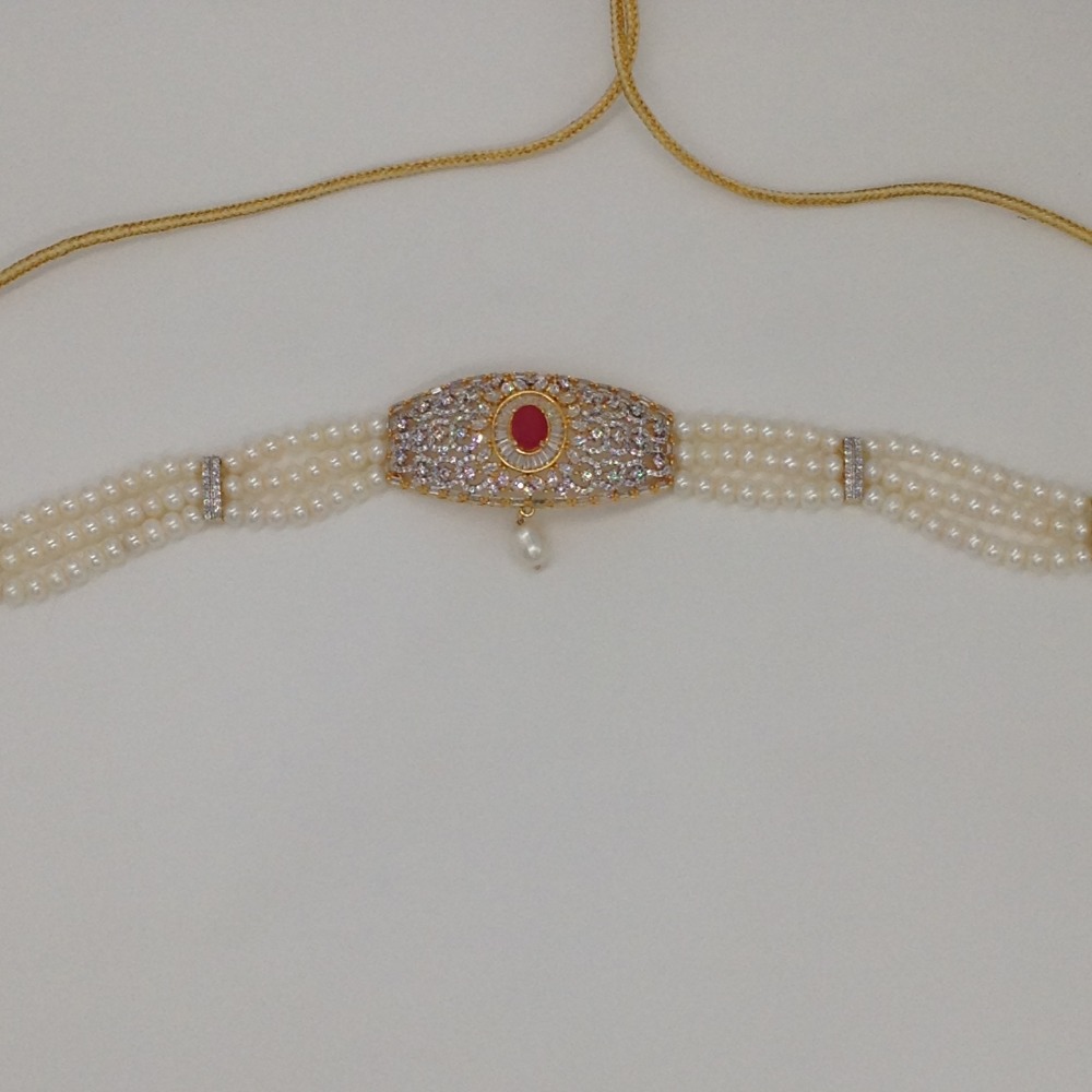 White And Red CZ Choker Set With 4 Line Flat Pearls Mala JPS0511