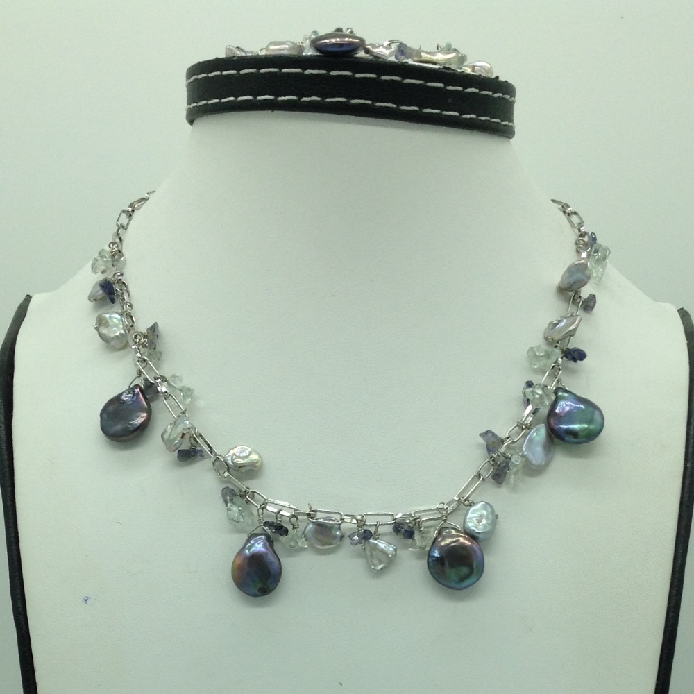 Freshwater grey pearls and aquamarine silver chain set jnc0093