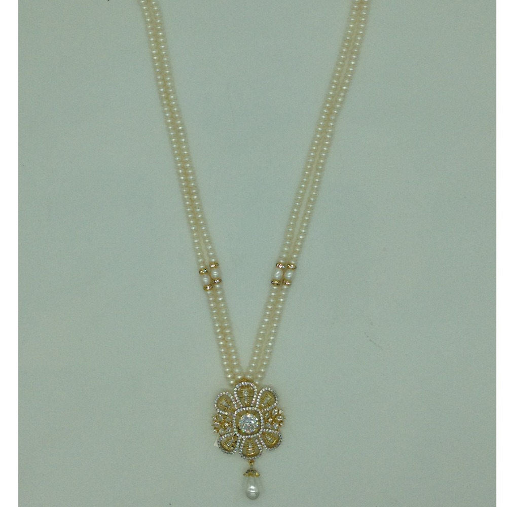 White cz pendent set with 2 line flat pearls jps0639