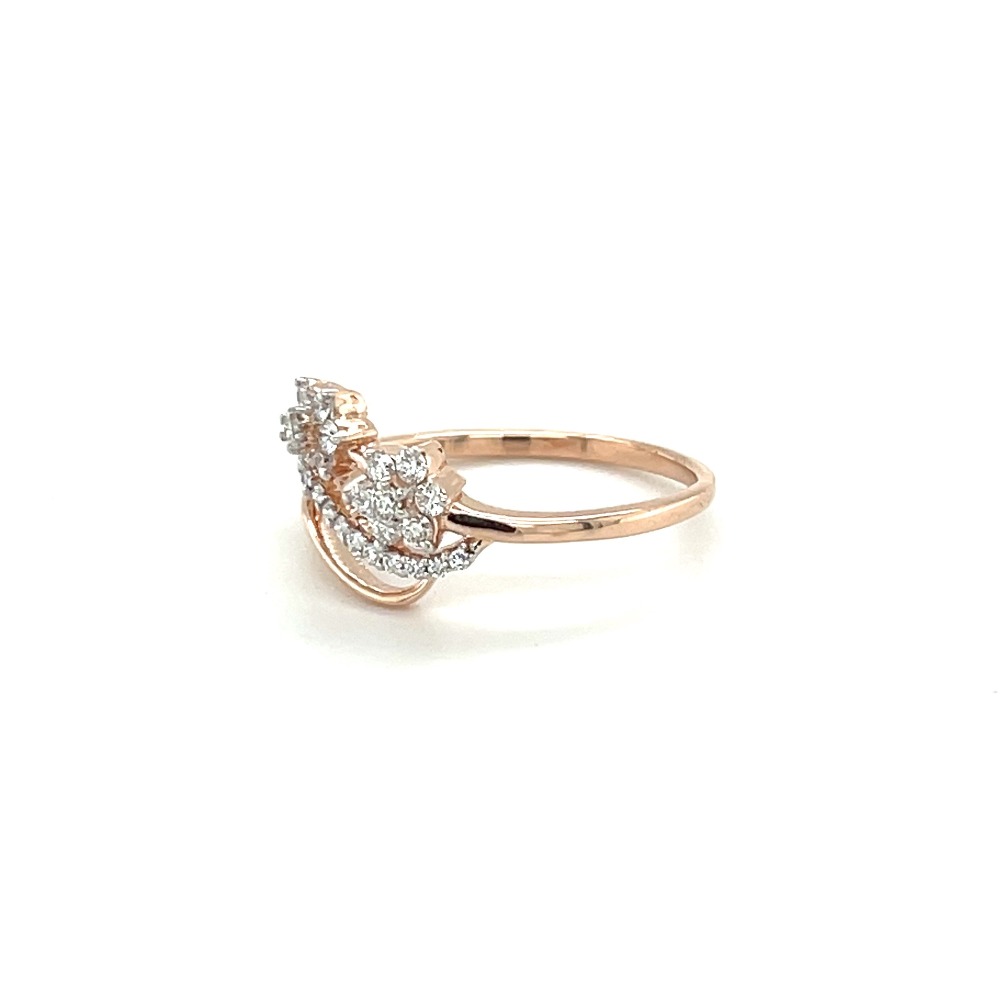 Curved Band Double Diamond Flower Ring in 14k Rose Gold