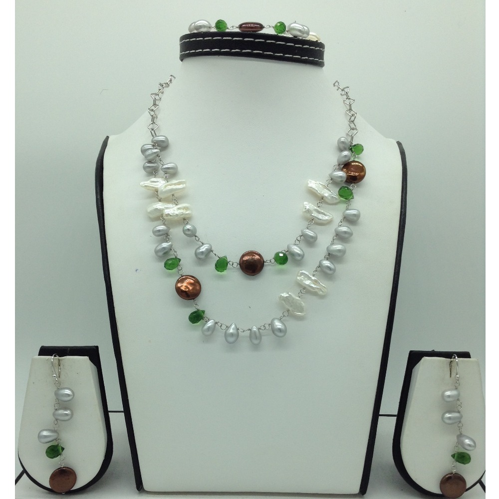 Freshwater pearls and green cz silver chain set jnc0089