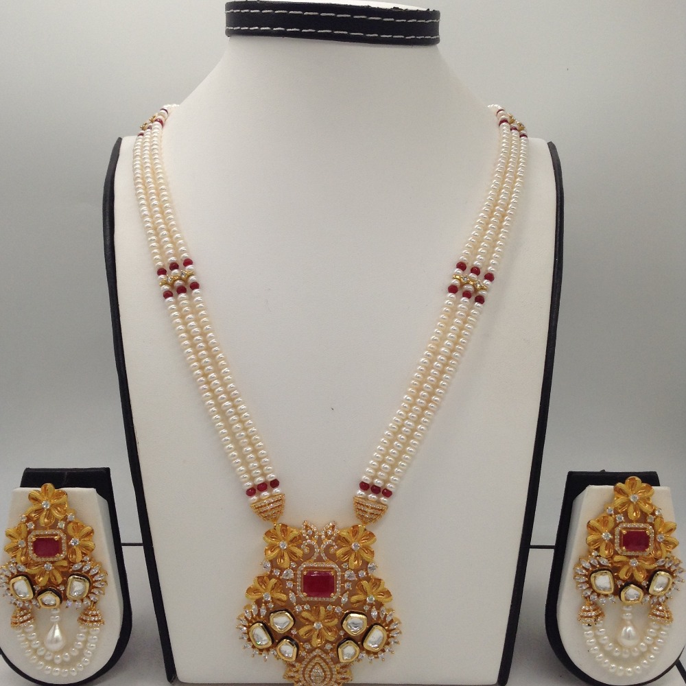 White;red cz ranihaar set with 3 lines flat pearls jps0493