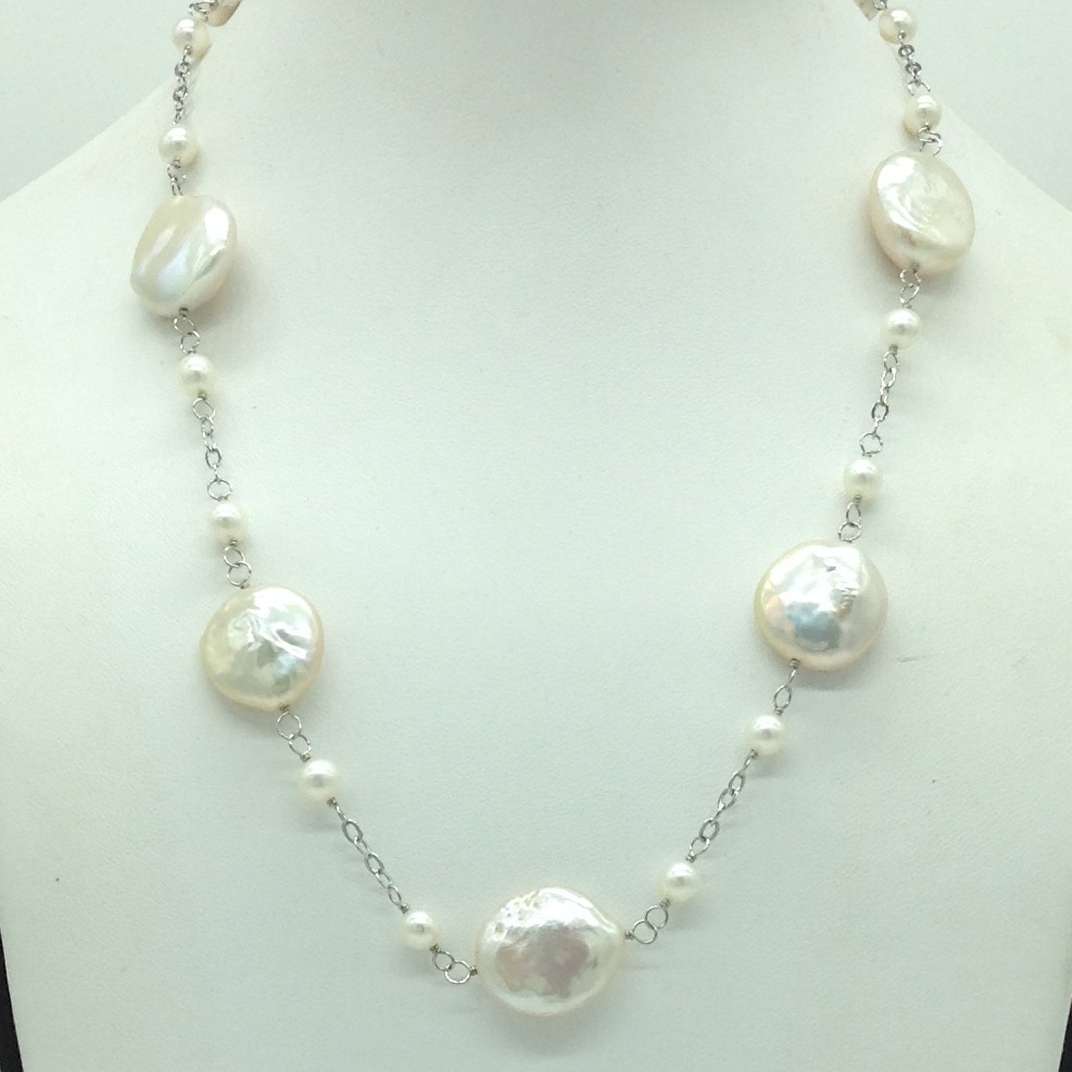 Freshwater white baroque pearls with silver chain mala jpm0438