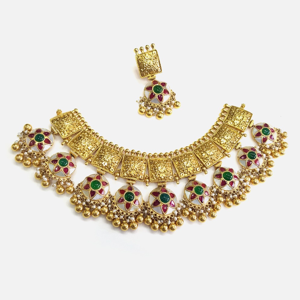 916 Gold Antique Choker Necklace Set RHJ - N006