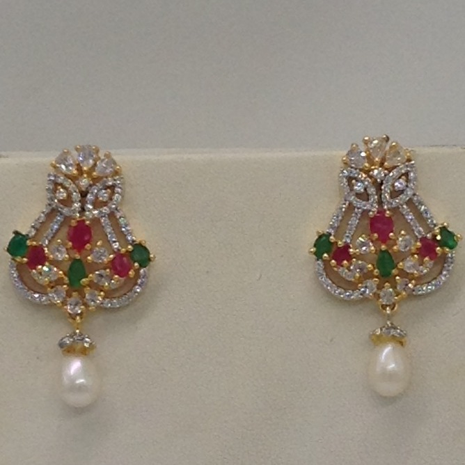 Tri colour cz pendent set with 2 line button pearls mala jps0264