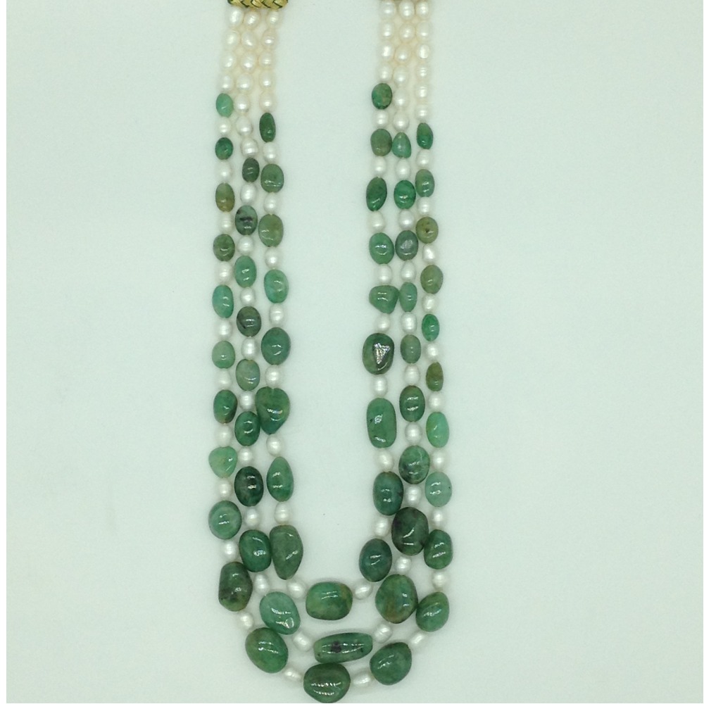 White Pearls with Green Emeralds Oval 3 Layers Necklace JPM0491