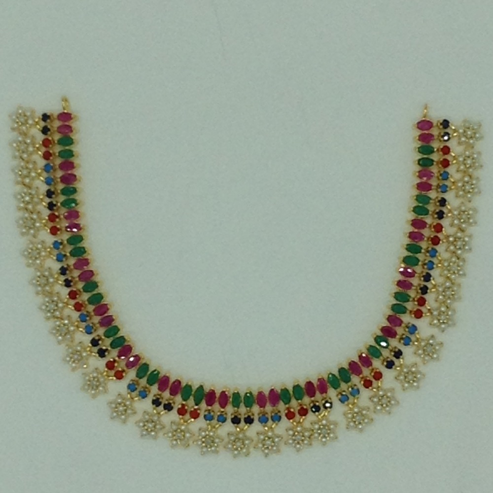Navratan and white button pearls necklace set jnc0114