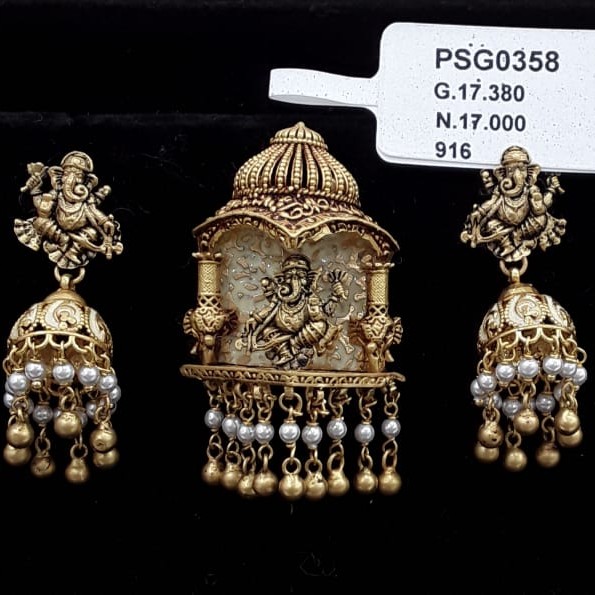 22kt yellow gold gracefull jaipuri pearl ganpati antiq pendent set for women