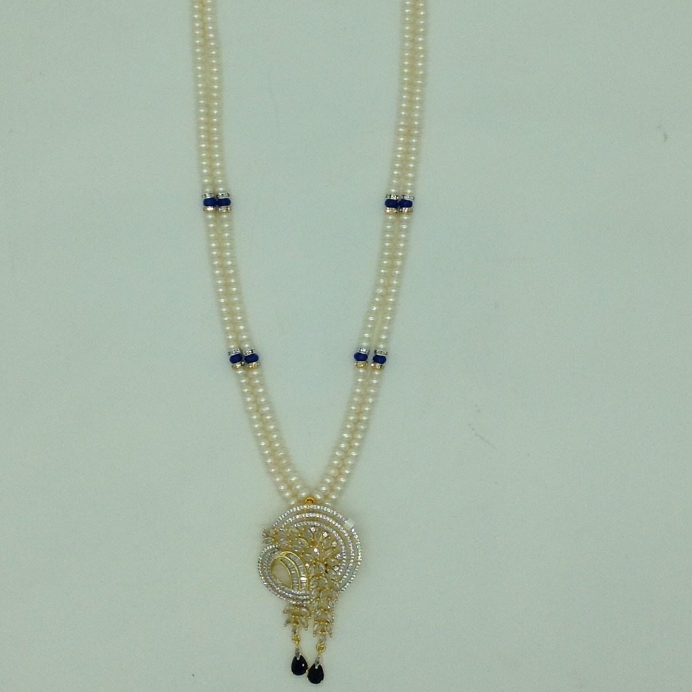 White;blue cz pendent set with 2 line flat pearls jps0636