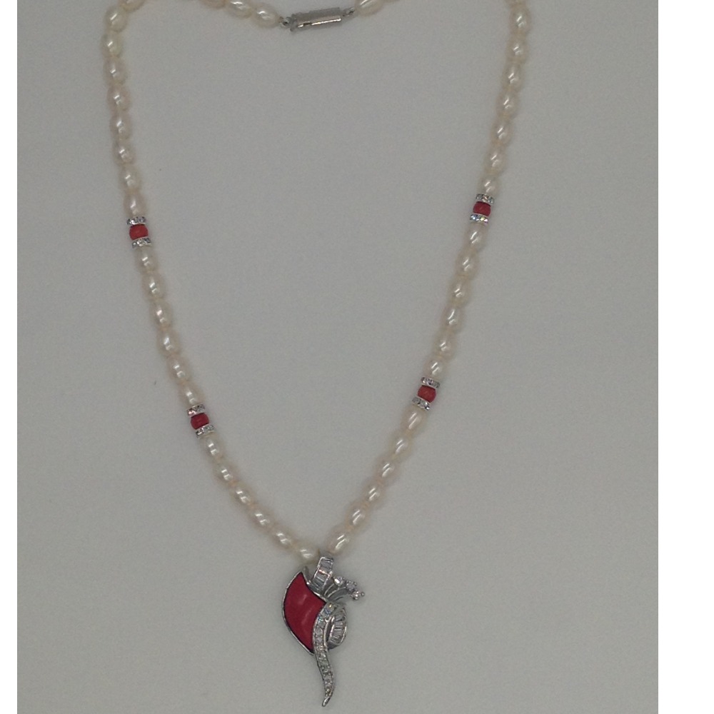 White cz;coral pendent set with oval pearls mala jps0175