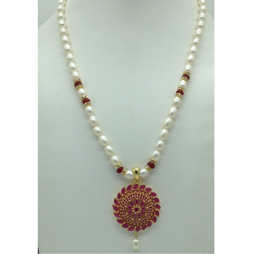 Red Cz Pendent Set With 1 Line White Pearls Mala JPS0833