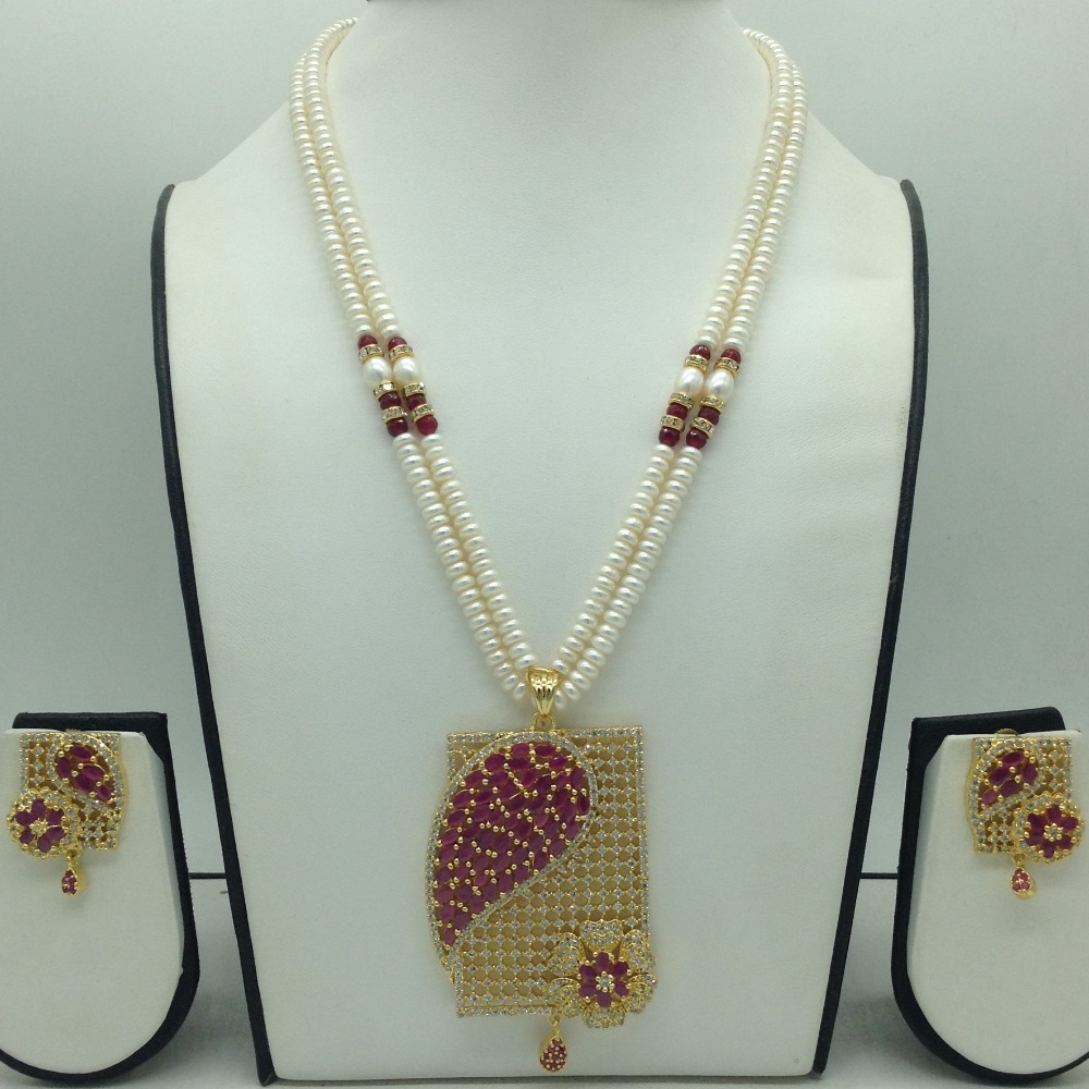 White,Red Cz Pendent Set With 2 Line White Pearls Mala JPS0845