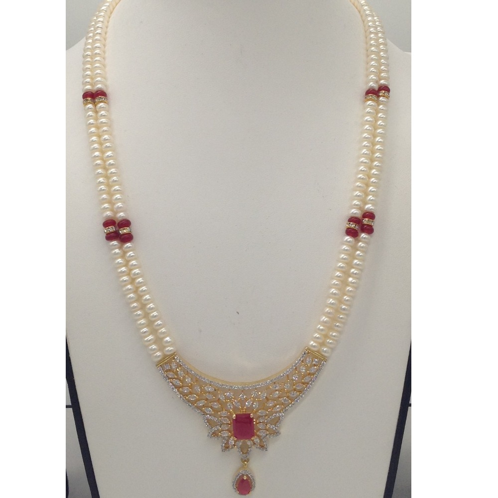 White;red cz pendent set with 2 line flat pearls jps0344
