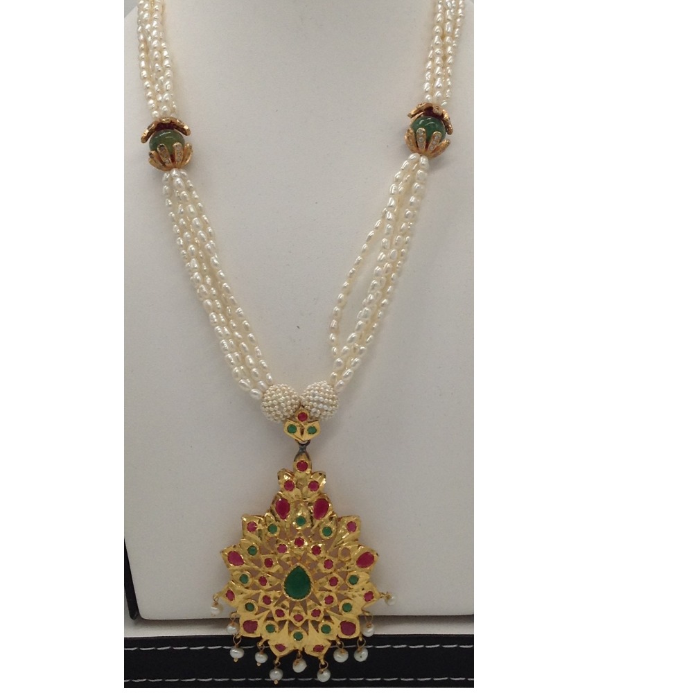 Red, green cz pendent set with 5 line rice pearls mala jps0334