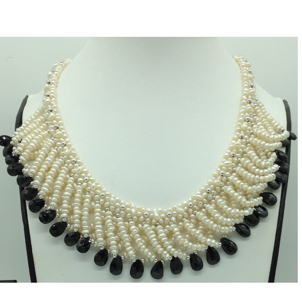 Freshwater White Pearls And Black Drops Jali Necklace Set JPP1083