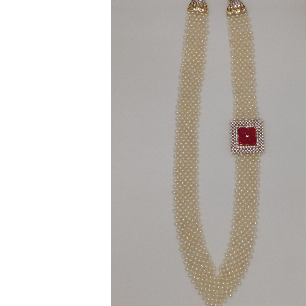 White And Red CZ Broach Set With Seed "V" Jali Pearls Mala JPS0371