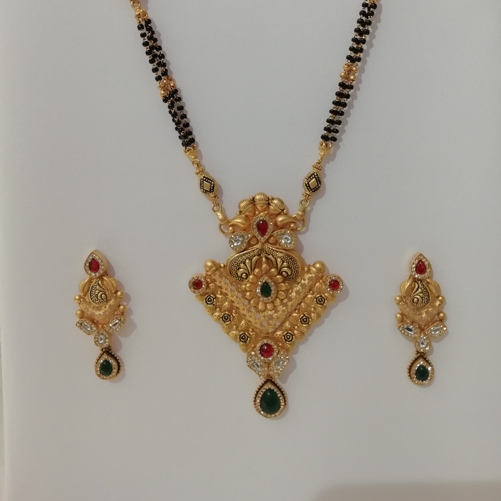 916 gold fancy green stone and antique jadtar long mangalsutra
