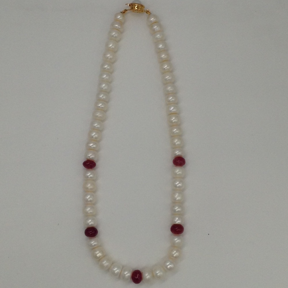 Freshwater white flat pearls with red ruby beeds mala jpm0190