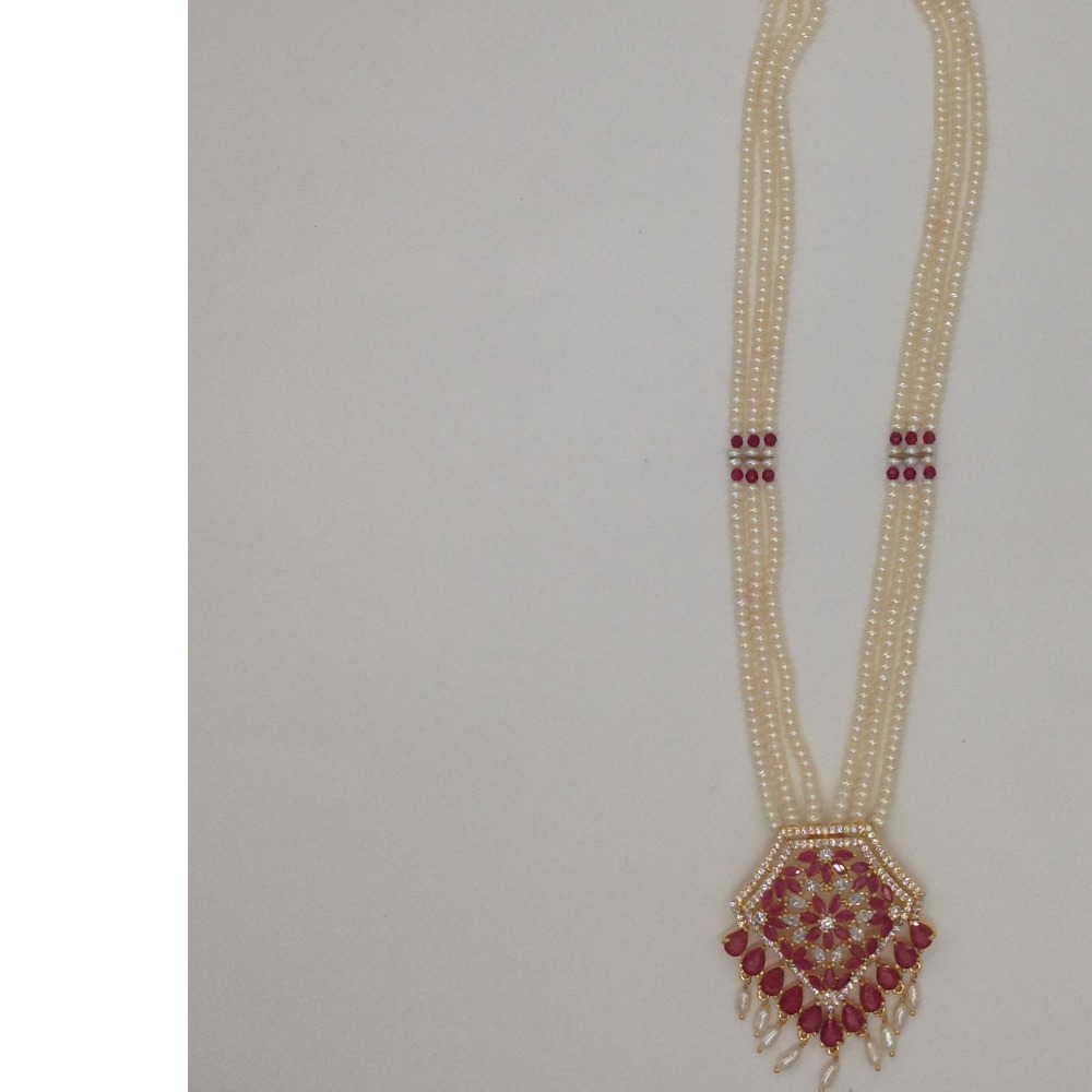White, Red CZ Pendent Set with 3 Line Flat Pearls JPS0425