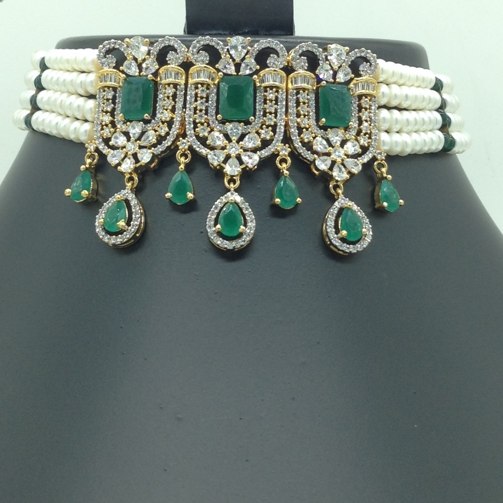 White and green cz choker set with 4 line flat pearls mala jps0623