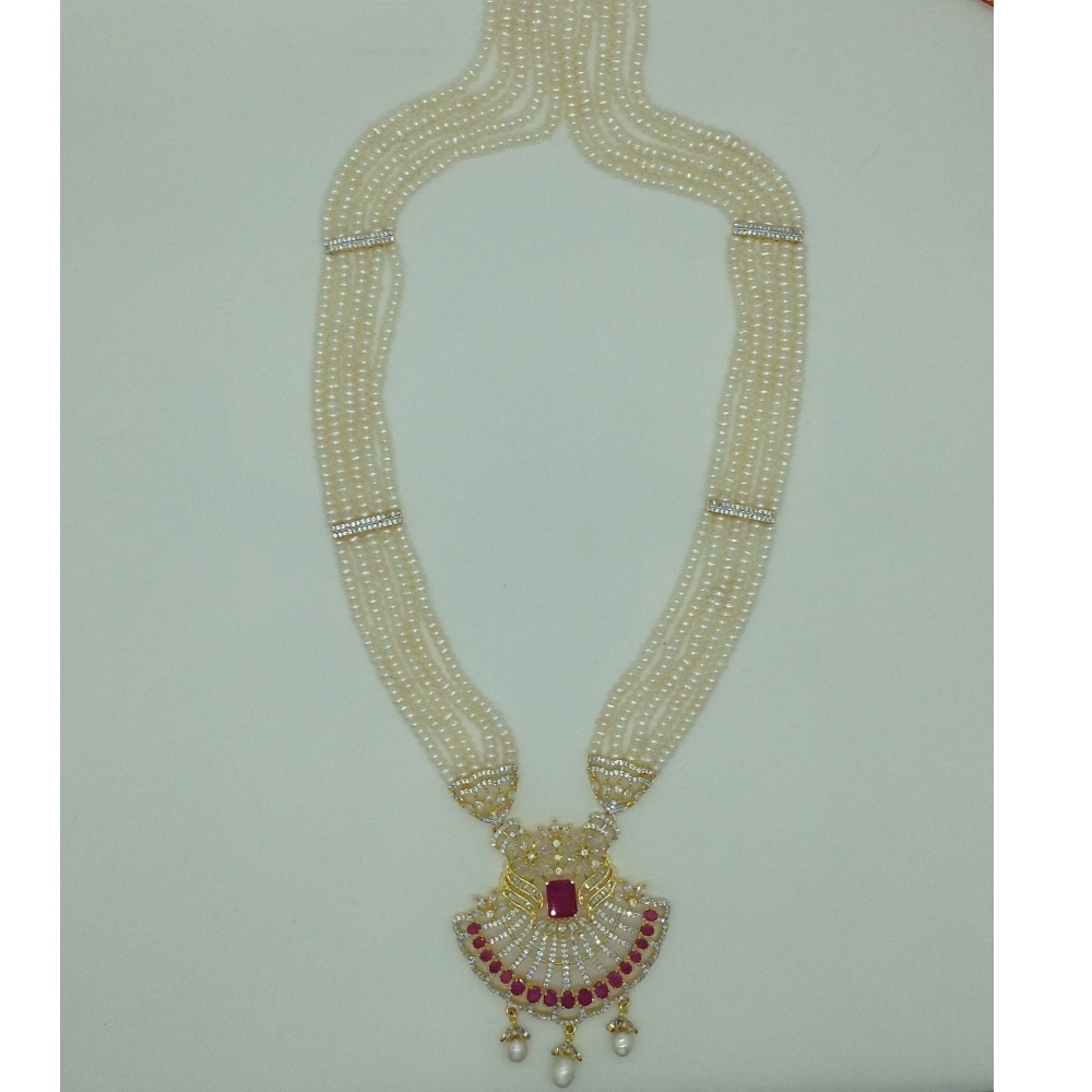 White,Red CZ Ranihaar Set With 5 Line White Pearls Mala JPS0855
