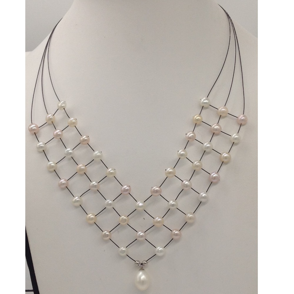 Freshwater white button pearls 3 layers jaali wire necklace