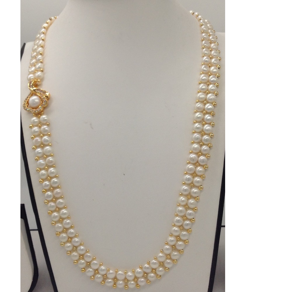 White CZ And Pearl Broach Set With 2 Line Button Jali Pearls Mala JPS0364