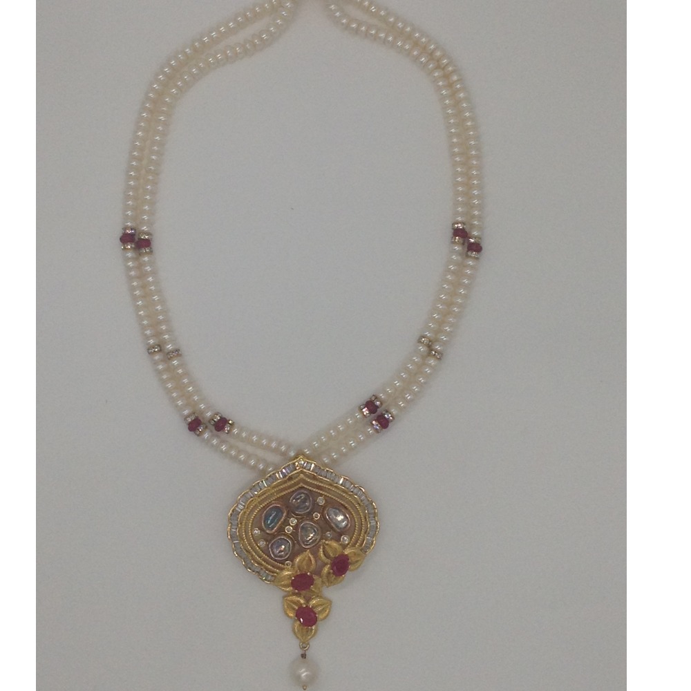 White, Red CZ And Pearls Fusion Pendent Set With 2 Line Flat Pearls Mala JPS0343