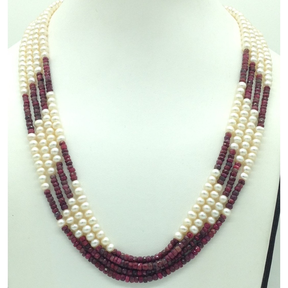 white flat pearls with red ruby4 layers necklace jpm0426