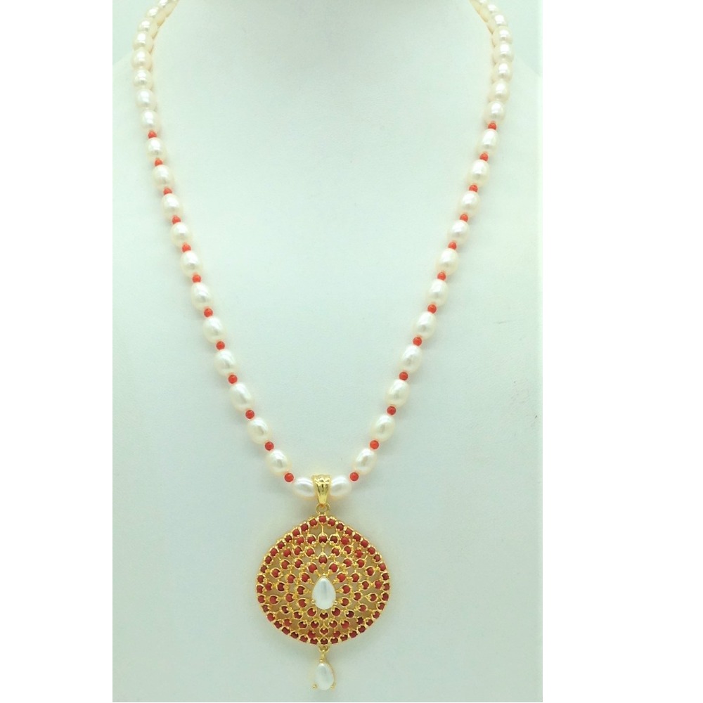 Pearls and coral pendent set with 1 line oval pearls mala jps0686